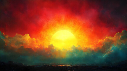 Naklejka premium Vibrant Sunrise Sky with Golden Sun and Clouds Over Cityscape with Warm Lighting