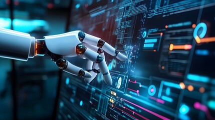 A robotic hand interacts with a high-tech digital interface displaying various data visualizations, graphs, and charts, suggesting advanced AI and technology integration.