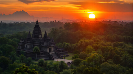 Sunset Over an Ancient Temple Surrounded by Jungle