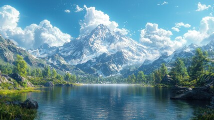 Majestic mountain landscape reflecting in a serene lake under a bright sky