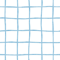 Fototapeta premium Watercolour Hand-Drawn Plaid Seamless Pattern. Romantic Artistic Cottagecore Chess. Homestead Farmhouse Print. Pastel Summer Graphic Background. Light blue checkered repeat pattern
