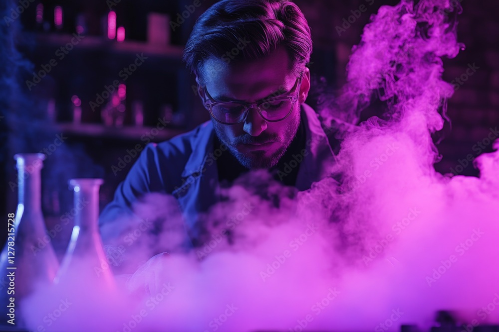 Poster scientist conducts experiments with colorful smoke in a dimly lit laboratory environment at night