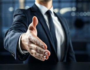 A businessman in a dark suit and tie extends his hand for a handshake, symbolizing partnership, agreement, and professional relationships.