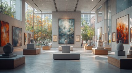 Fototapeta premium Modern art gallery showcasing sculptures and paintings with natural light