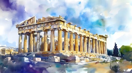 Obraz premium Impressive ancient Greek Acropolis ruins with grand stone columns set against a vibrant blue sky with dramatic clouds in a famous historic travel destination