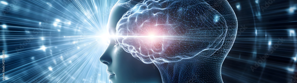 Poster Innovative Brainstorming and Cognitive Processing in a Digital Age  Conceptual image depicting the inner workings of the human mind and its connection to advanced technology knowledge and creativity