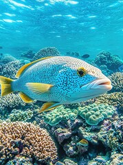 A vibrant blue and yellow fish swims near coral