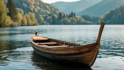 Obraz premium Serene Vintage Wooden Boat Floating on Tranquil Lake Surrounded by Lush Green Hills and Forests in Peaceful Scenic Landscape