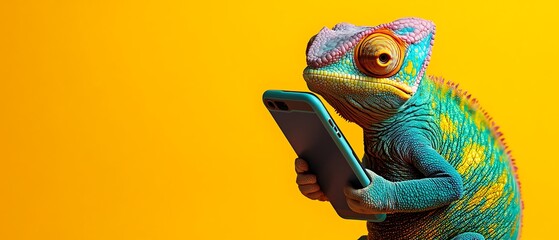 Colorful chameleon using smartphone on yellow background.