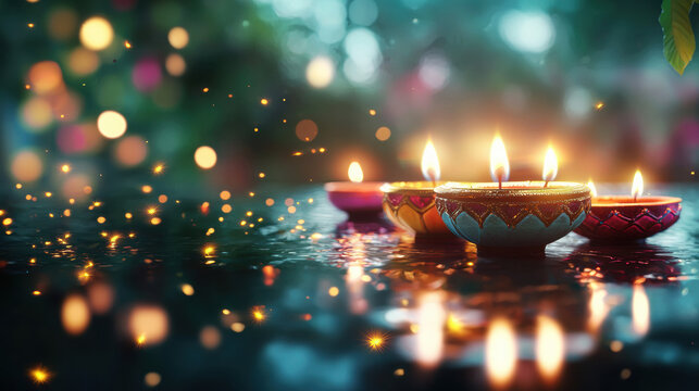 Traditional Diwali Oil Lamps Illuminating a Reflective Surface with Tiny Glowing Fireflies