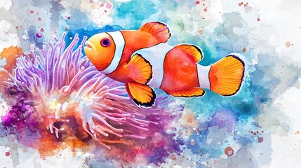 Close-up of a Vibrant Watercolor Illustration of a Pink Clownfish