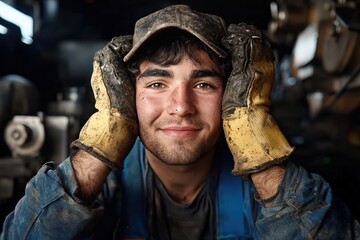 Obraz premium A hardworking factory employee wearing a cap and gloves, handling heavy machinery.