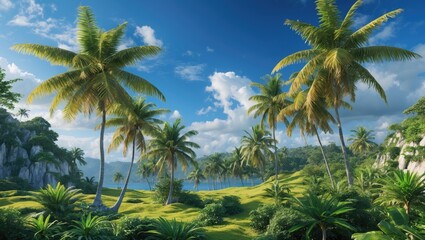 Fototapeta premium Vibrant Tropical Paradise Featuring Lush Greenery Under Clear Blue Skies