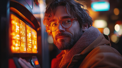 Fototapeta premium Man interacts with futuristic ATM dispensing glowing energy cubes at night in a vibrant cityscape