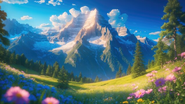 Breathtaking panoramic view of majestic snowy mountain peaks against a clear blue sky with vibrant wildflowers in a serene summer landscape. - Powered by Adobe