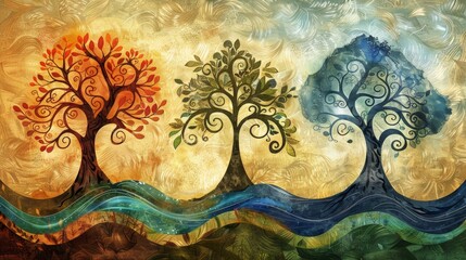 Seasonal trees on wavy ground, abstract art background