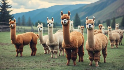 Fototapeta premium Alpaca Herd Grazing in Lush Pasture with Scenic Background and Open Space for Text