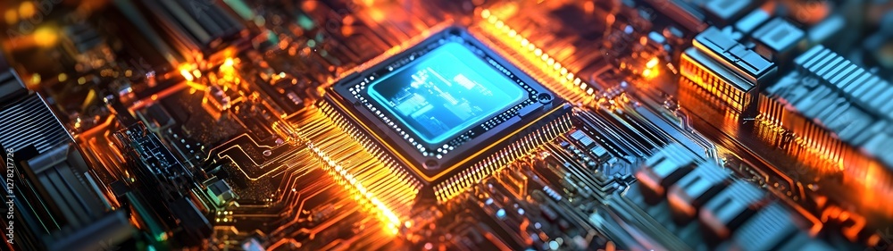 Poster Intricate circuit board with glowing microchips metallic textures and intricate electronic components showcasing the complexity and advanced nature of modern technology and digital systems