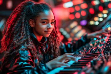 Young musician creates electronic music in vibrant studio with colorful lights