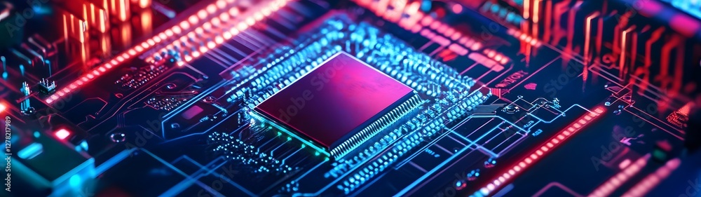 Poster Intricate circuit board with glowing neon gradient lighting in a dark industrial technology background  Futuristic electronic hardware design with microchips processors and high tech digital patterns