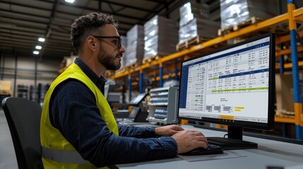 Warehouse employee analyzing inventory data industrial setting digital workspace professional environment side view efficiency improvement