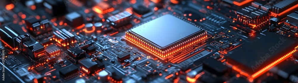 Poster Intricate circuitry landscape of advanced computer hardware featuring a complex network of microprocessors transistors and electronic components