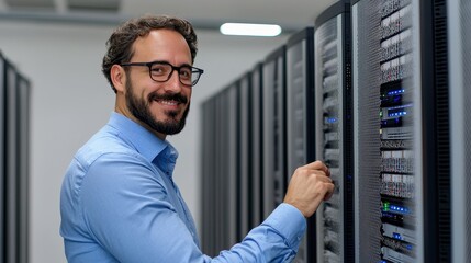 Data center technician managing servers in high-tech facility modern workspace professional environment close-up view
