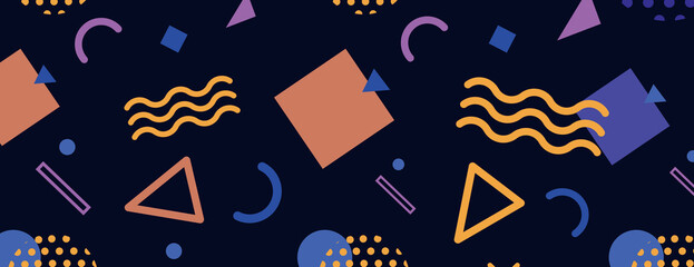 Dark blue background with geometric shapes. The background features orange and purple elements, creating a playful, abstract style. Fun memphis pattern background. Black background vector.