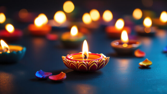 Radiant Diwali Oil Lamps Casting a Warm Glow with Mystical Floating Sparks