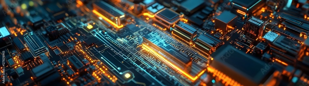 Poster Intricate Circuitry Mosaic Showcasing Advanced Technology Innovations   A close up view of an elaborate circuit board layout with microchips processors