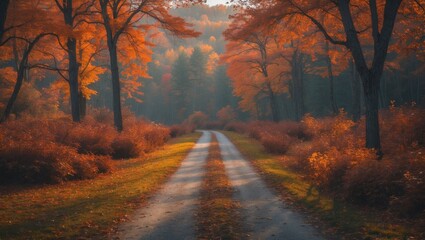Fototapeta premium Autumn Scenery in National Park Embraced by Vibrant Foliage and Tranquil Pathway with Copy Space for Inspirational Messaging