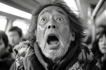 Surprised man expresses intense emotion in crowded subway during morning commute