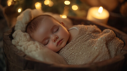 A peacefully sleeping baby wrapped in a soft blanket, resting in a wooden basket with warm candlelight and fairy lights in the background.