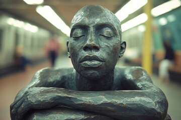 Sculpture of a contemplative figure in a subway station during a quiet moment