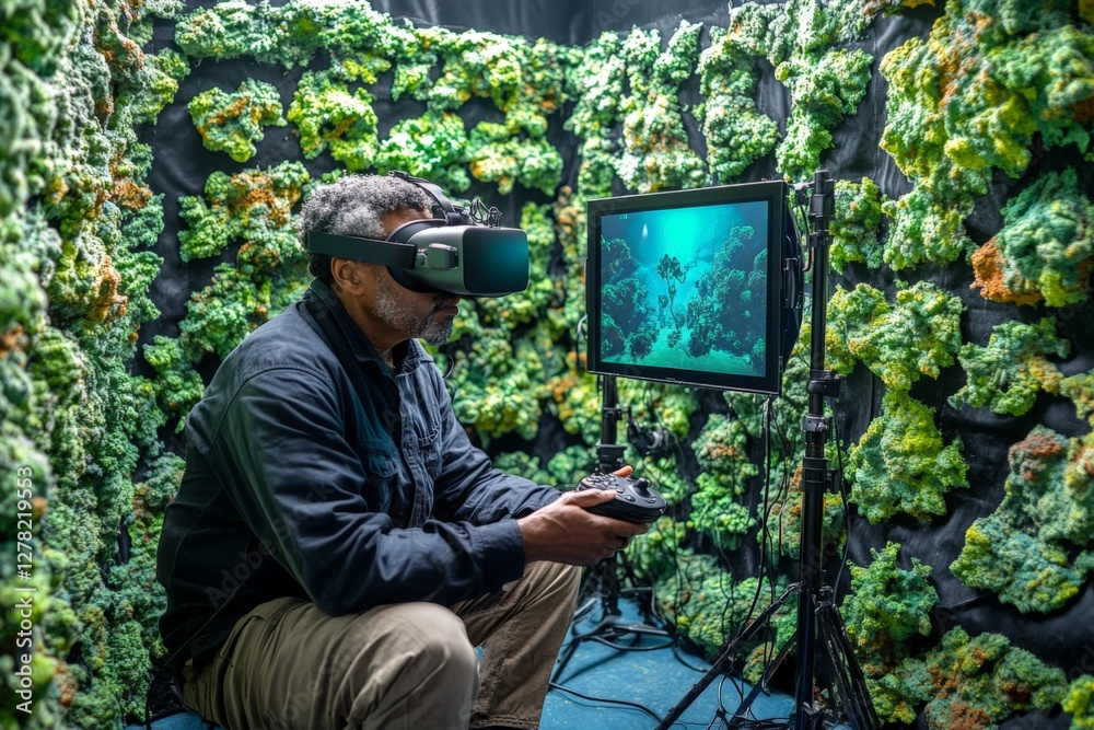 Poster Man engages in virtual reality experience in immersive environment with coral reef visuals