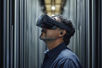 Man wearing virtual reality headset explores technology in a modern storage facility