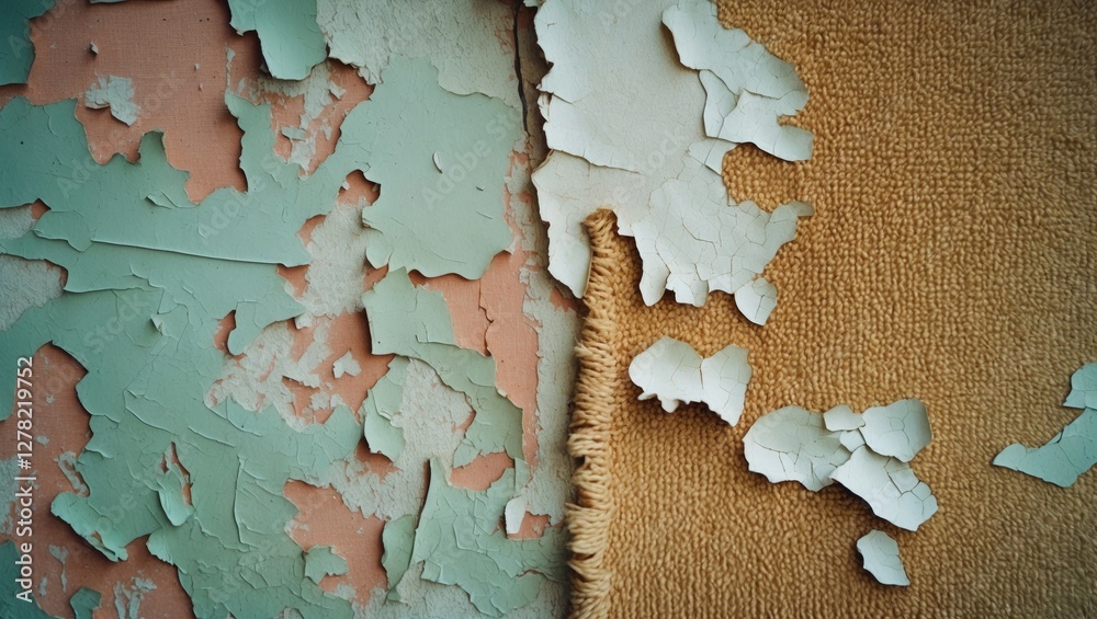Poster aged carpet and chipped wall with peeling paint for texture background and empty space for customiza
