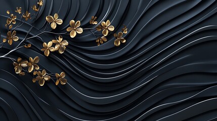 Gold Flowers on Dark Wavy Background Abstract Art