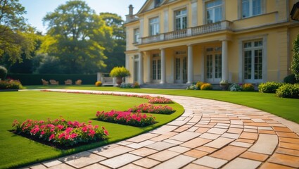 Obraz premium Elegant Mansion Backyard Featuring Flowerbeds and Curved Stone Pathway on a Sunny Day with Lush Green Grass and Space for Text