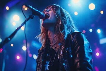 Singer performs passionately on stage at a vibrant concert during the nighttime in an energetic setting