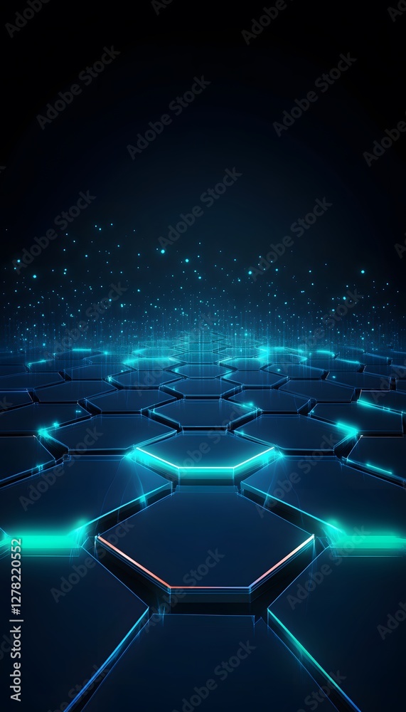 Wall mural glowing blue hexagons create futuristic pattern against a dark background