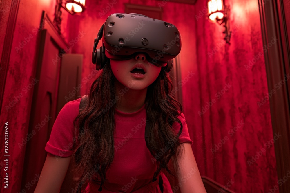 Poster virtual reality experience takes place in a vividly decorated red hallway during an immersive advent