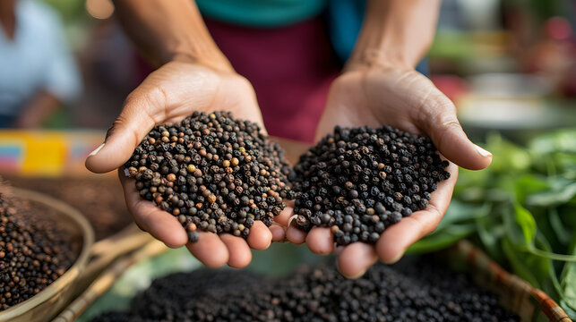 Hands holding rich, dark soil, vibrant market setting, gardening theme, highlights organic farming and sustainable practices, educational.