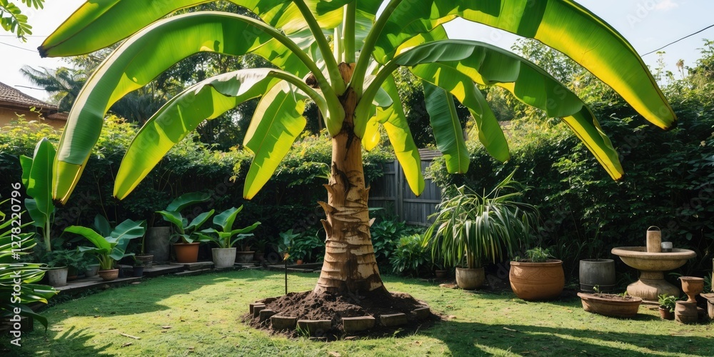Poster lush banana tree in garden setting with greenery and empty space for text overlay