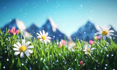 Fototapeta premium A vibrant meadow filled with daisies and pink flowers, sparkling with dew under a clear sky, mountains in the background