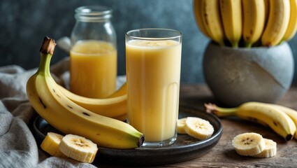 Refreshing Banana Juice in a Glass with Fresh Bananas and Empty Space for Text on Wooden Table
