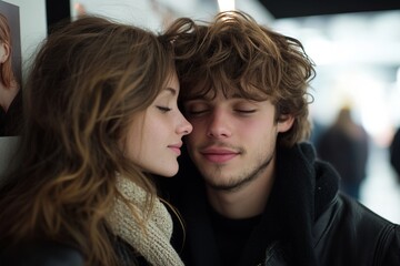 Romantic moment shared between a young couple in a cozy indoor setting during an art exhibition