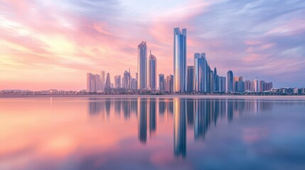Obraz premium City Skyline Reflection at Sunset with Colorful Clouds and Water