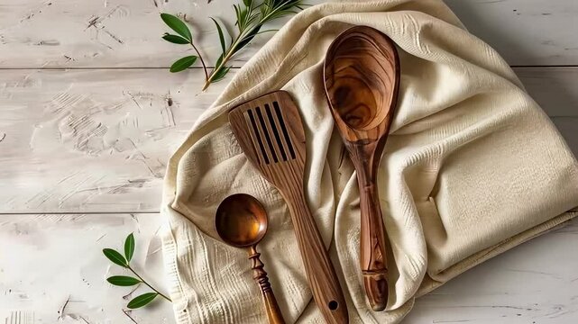 wooden spoon fork on wooden background top view
