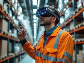 Warehouse worker wearing augmented reality headset managing logistics and inventory using futuristic technology
